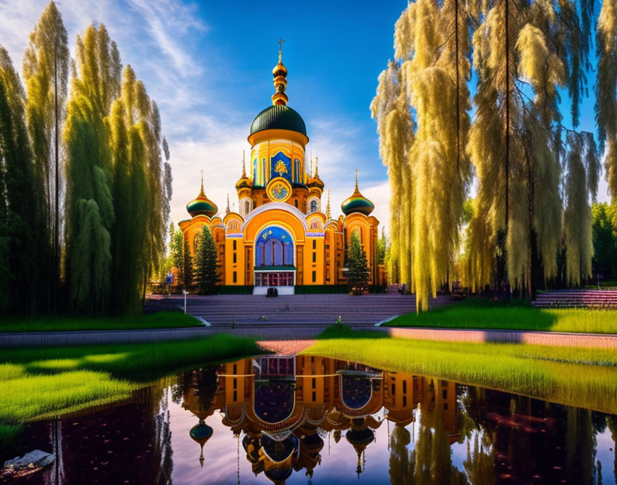 Vibrant cathedral with golden domes, serene pond, willow trees, blue sky