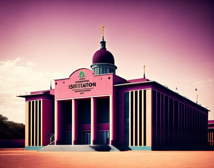 Pink and Black Church with Large Cross in Purple Sky