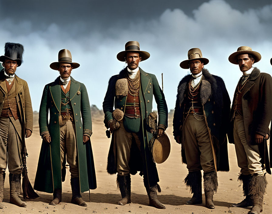 Vintage Western Attire: Five Men Standing in Desert