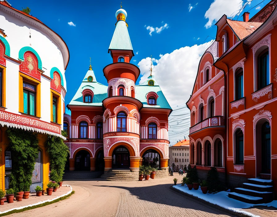 Traditional Russian architecture: Colorful buildings with onion domes and ornate windows against clear blue sky