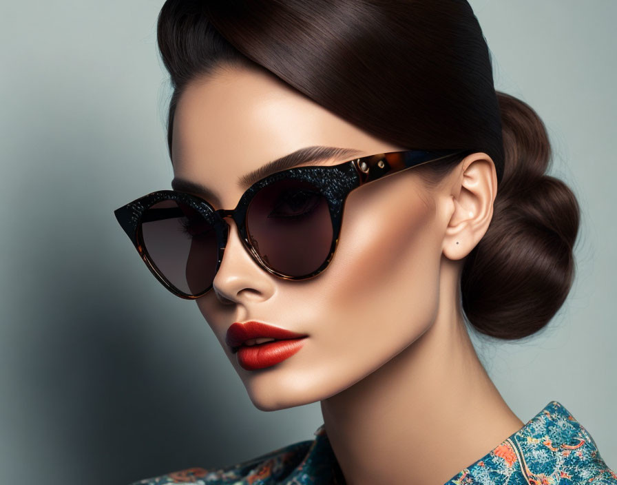 Stylish woman with updo and sunglasses in elegant fashion portrait