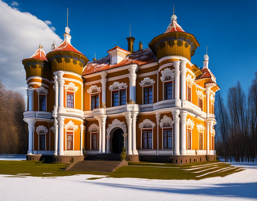 Ornate orange and white mansion in snowy landscape