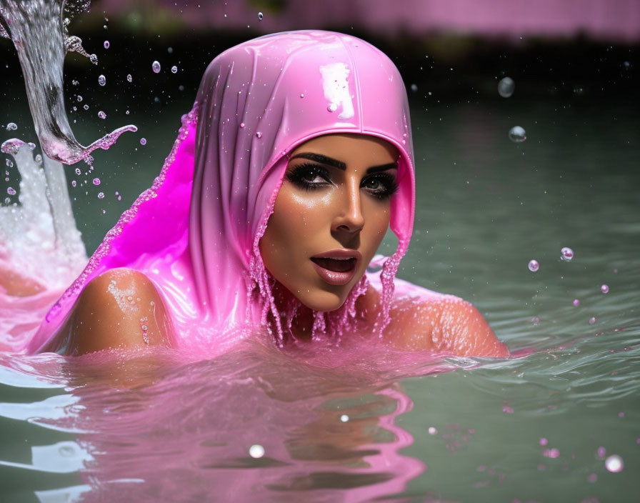 Person in Pink Swim Cap Emerges from Water