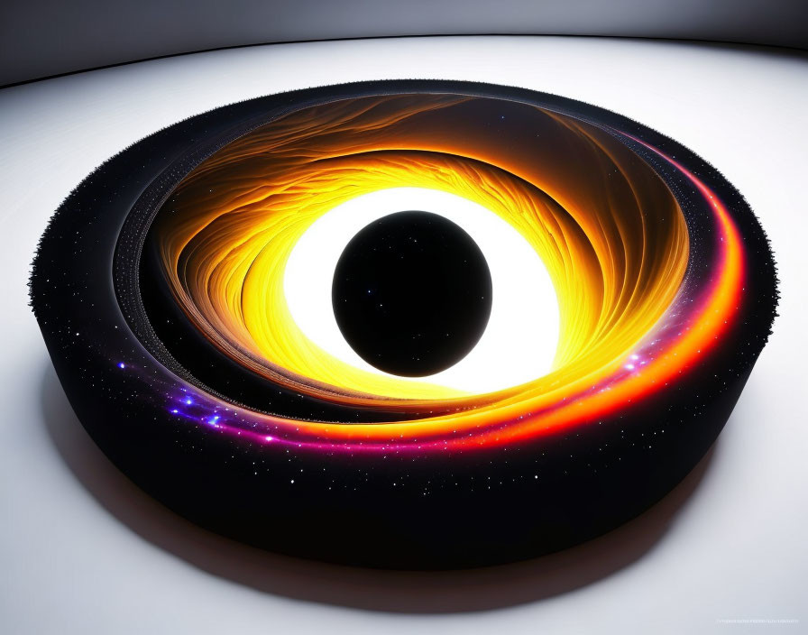 Digital artwork of black hole with swirling accretion disk in starry space