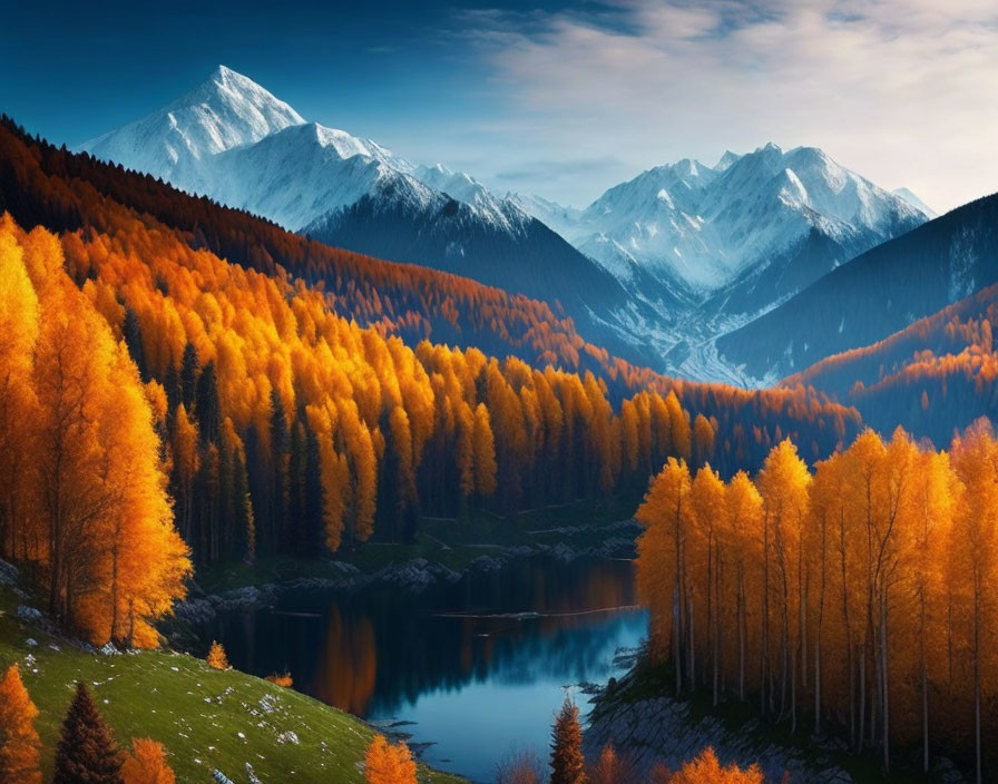 Tranquil mountain landscape with autumn forest, lake reflection, and snow-capped peaks