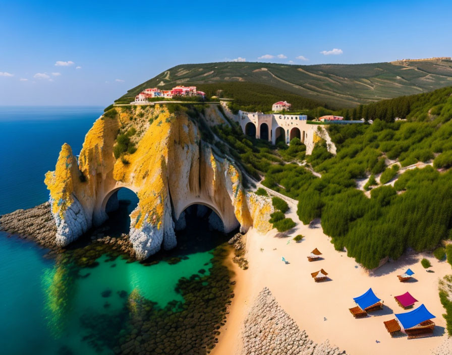 Coastal Landscape with Sandy Beach, Turquoise Water, and Rock Formations