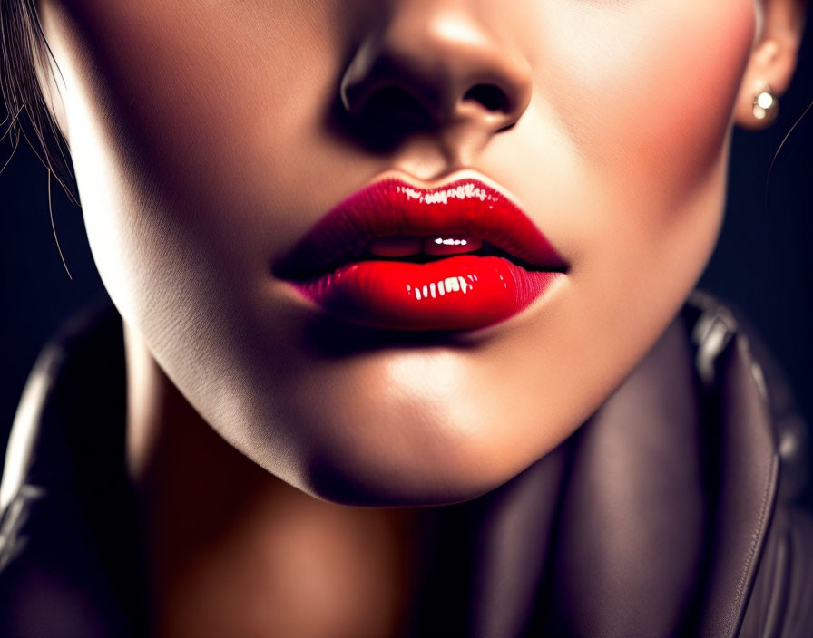 Detailed Close-Up of Woman's Red Glossy Lips on Dark Background