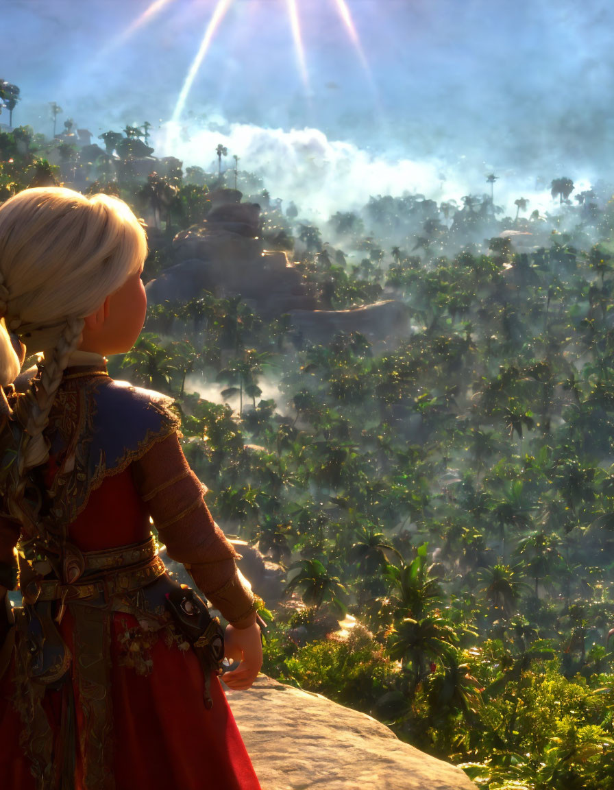 White-Haired Young Woman Overlooking Misty Jungle from Above