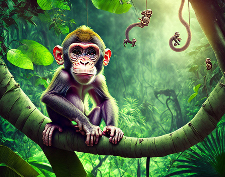 Young monkey on tree branch in vibrant jungle scene