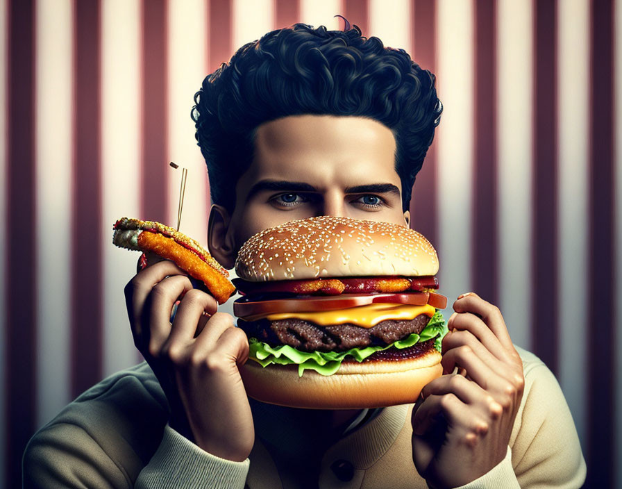 Detailed illustration of man with burger and hot dog against striped backdrop