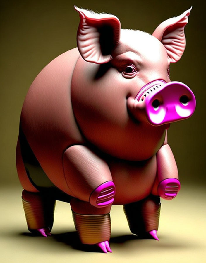 Stylized 3D pig illustration with bright pink snout and coin stack hooves