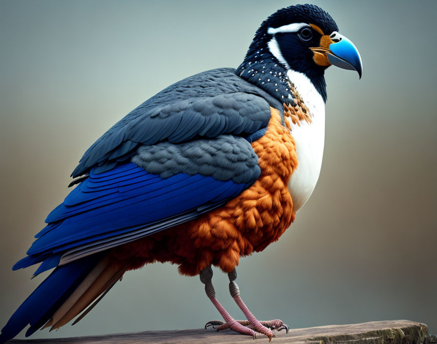 Colorful bird with blue beak, white & black head, grey wings, orange chest, on