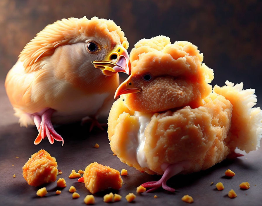 Surreal image: Two chicks with orange peel bodies on dark background