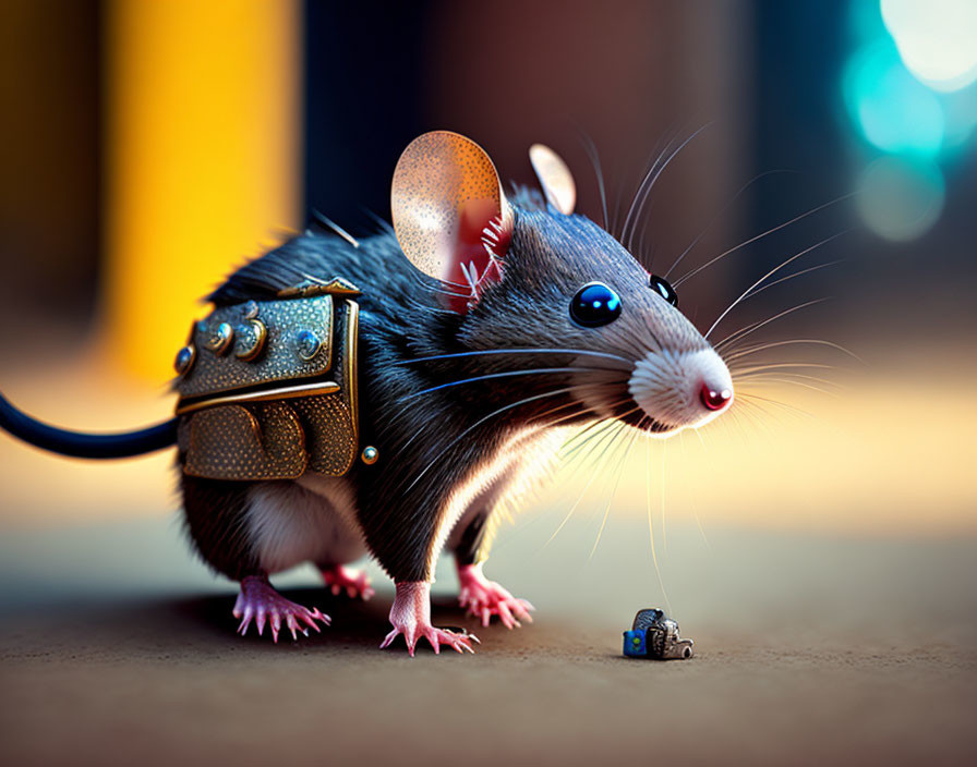 Stylized mouse with mechanical body harness and camera in digital art