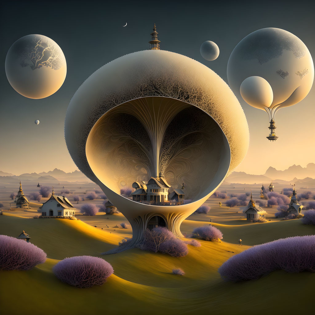 Fantastical landscape with tree-like pagoda, moons, balloons & purple foliage