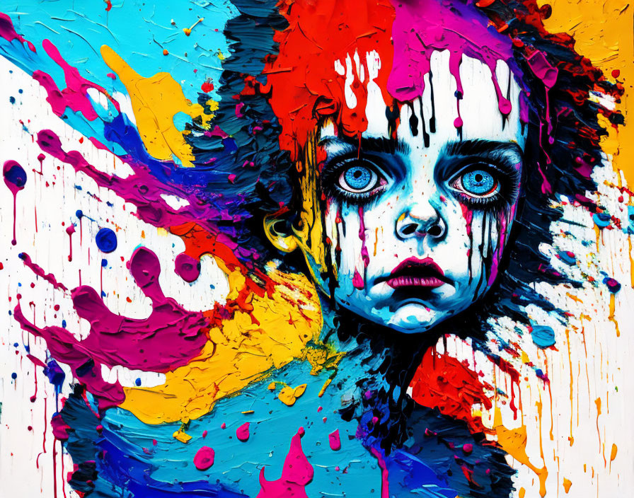 Child portrait with blue eyes and paint-smeared face against colorful backdrop