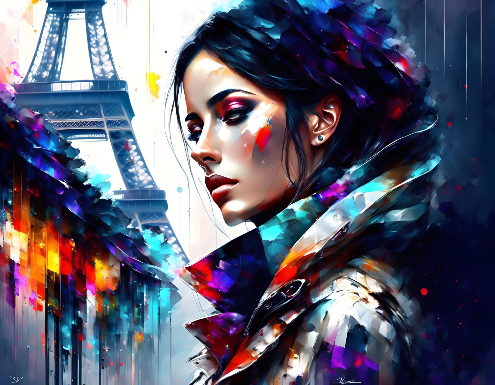 Colorful digital artwork featuring a woman and abstract elements against an Eiffel Tower backdrop.