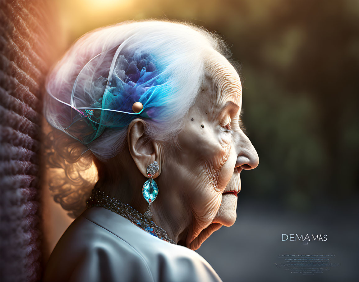 Profile of elderly woman with floral brain cap and earring on warm background