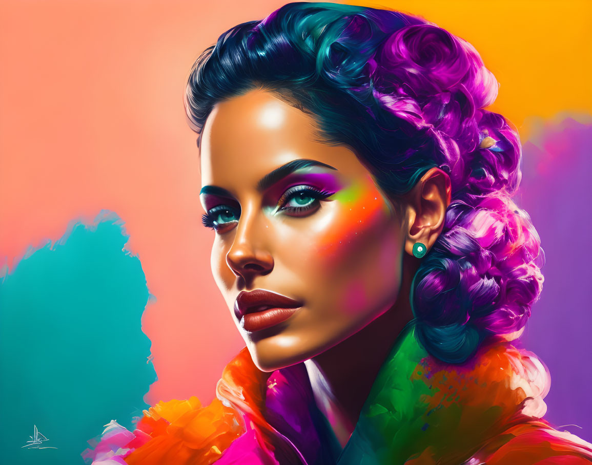 Colorful makeup and rainbow hair woman portrait on vibrant background