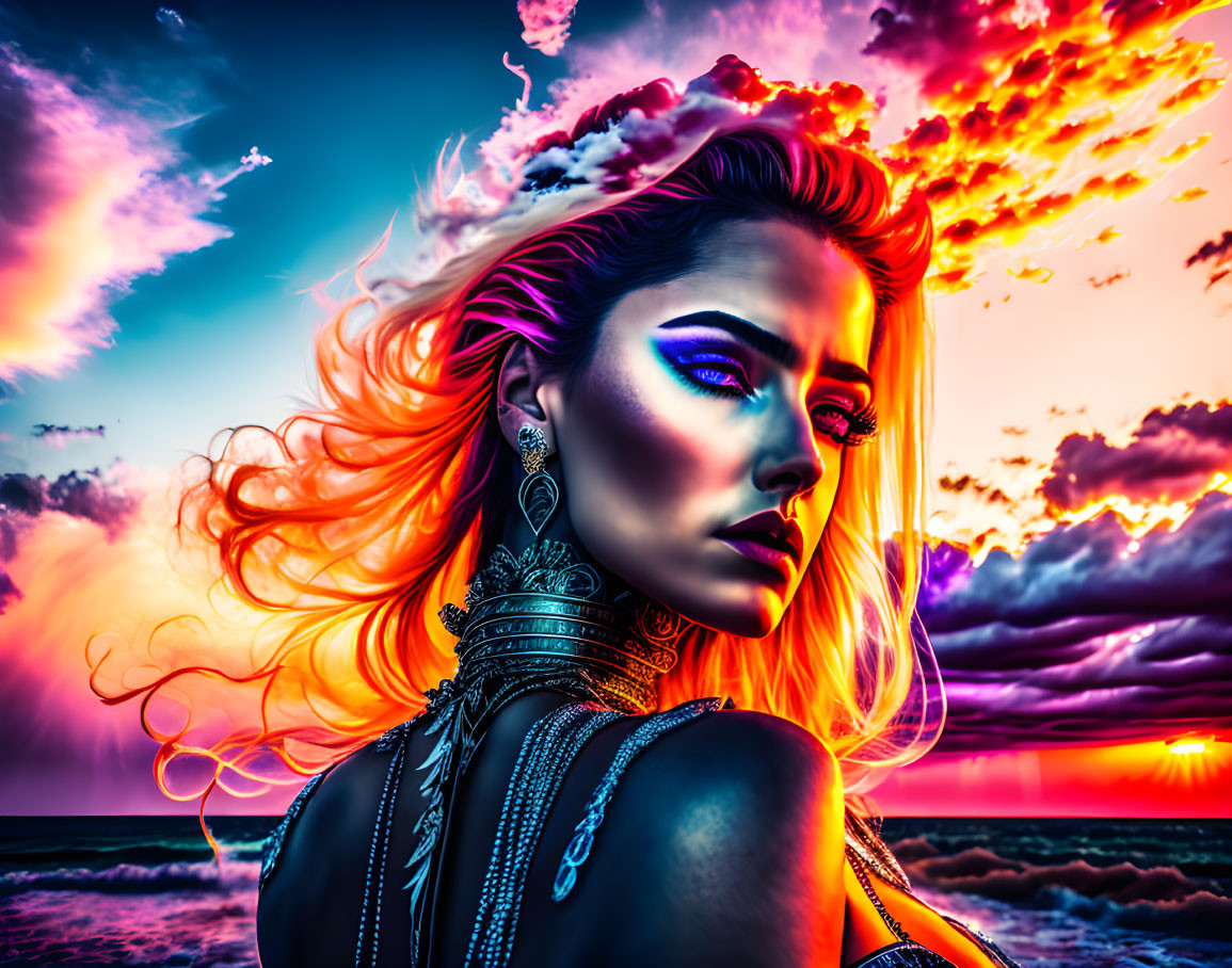 Stylized woman with orange hair in sunset sky reflection.