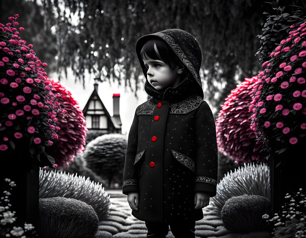 Monochrome image of child in hooded coat, surrounded by pink flowers and Tudor house