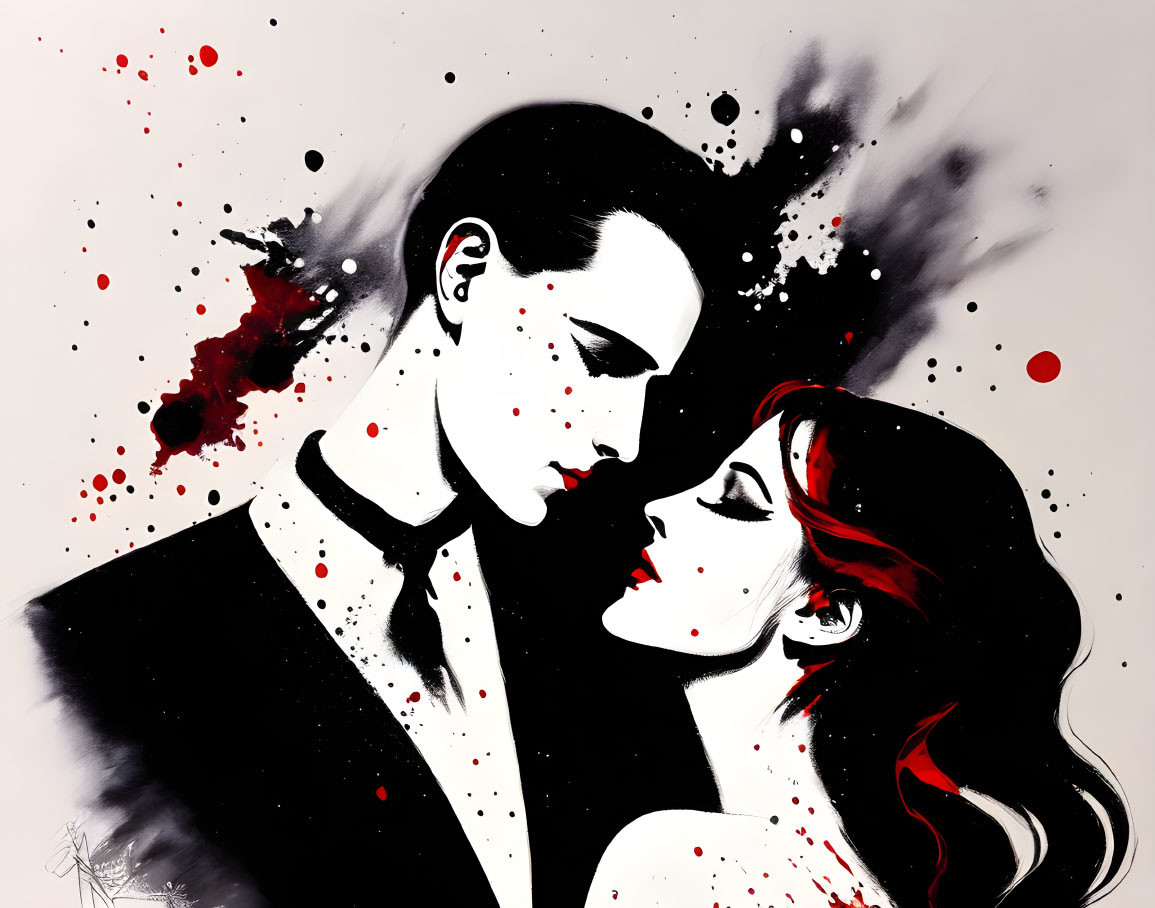 Stylized illustration of man and woman in black suit and red hair, cheeks touching, against dynamic