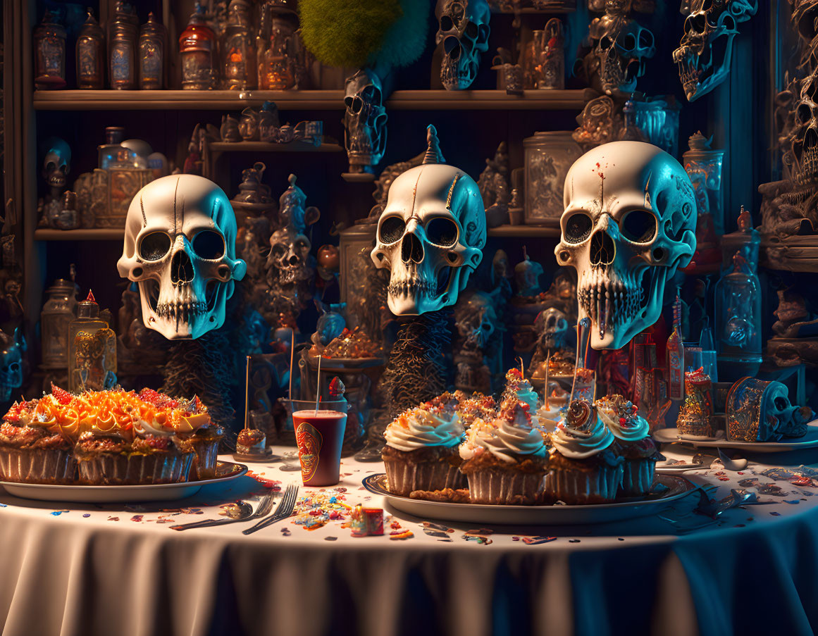 Skull figures at table with cupcakes, confetti, and drinks among shelves of jars and bones