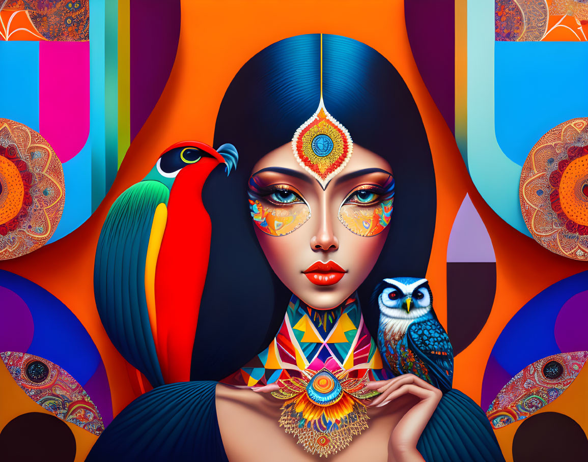 Colorful illustration of woman with decorative makeup, parrot, owl, and abstract patterns