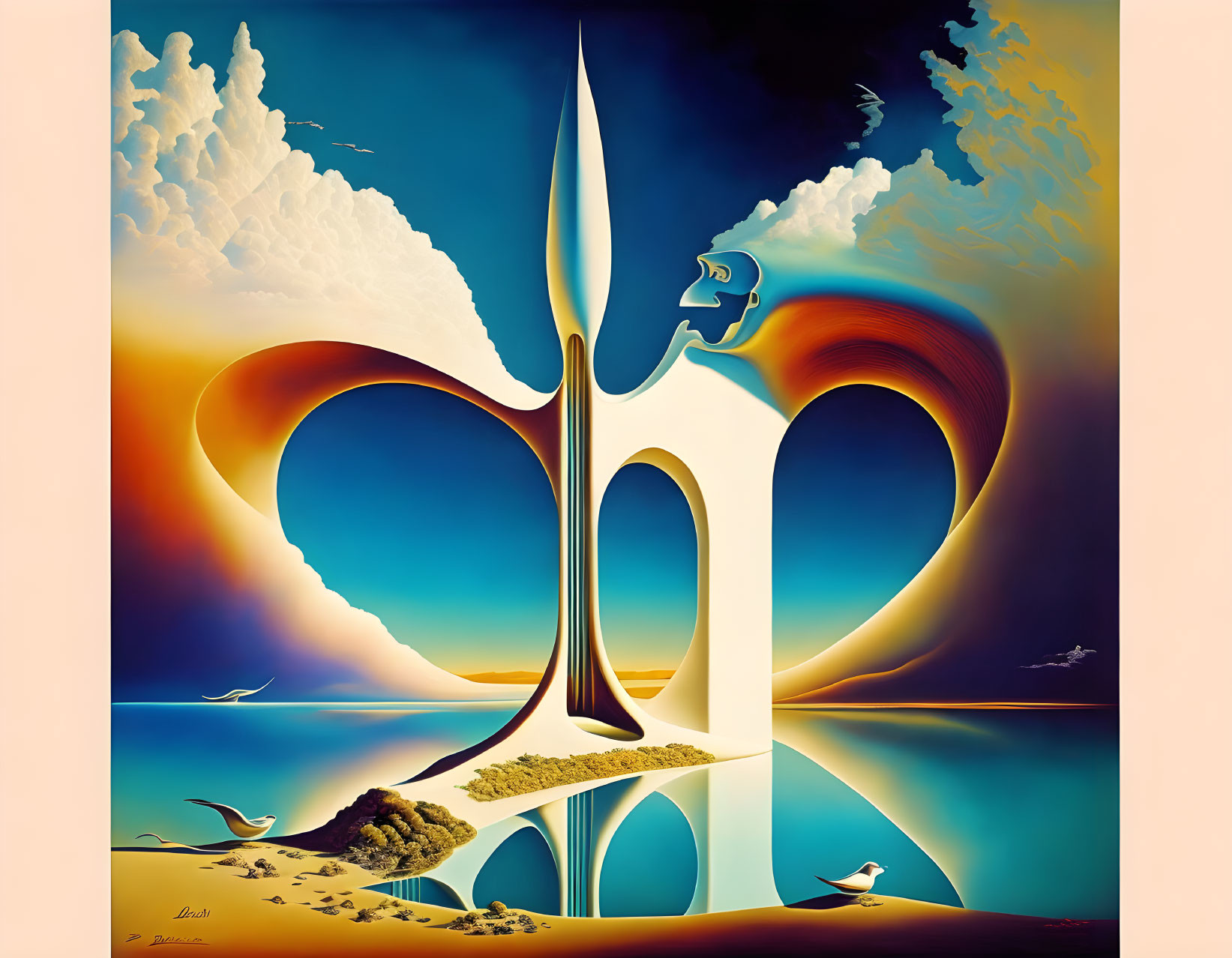 Abstract Swan Figure in Vibrant Sky and Sea Scene