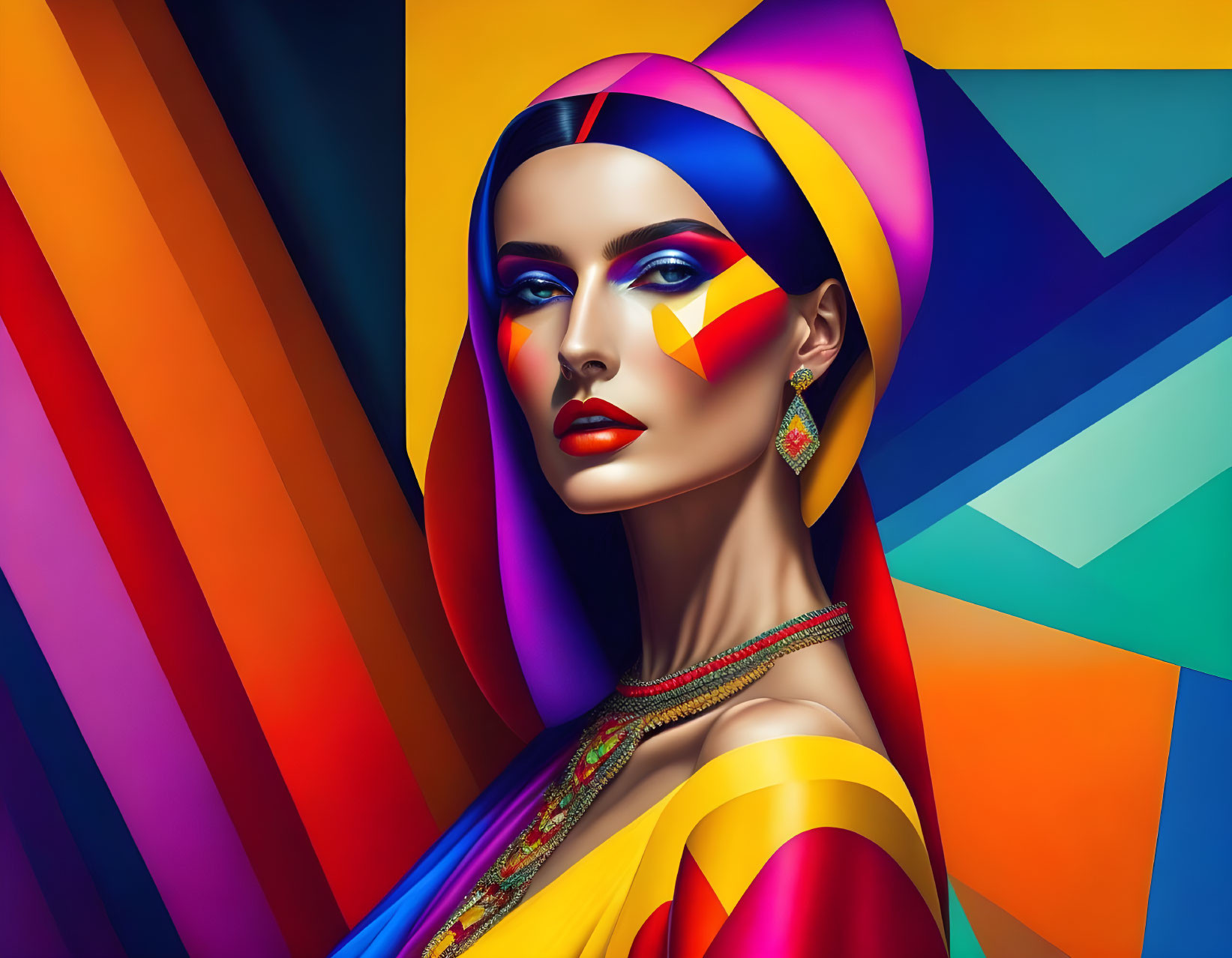 Colorful headscarf and bold makeup on woman in vibrant geometric setting