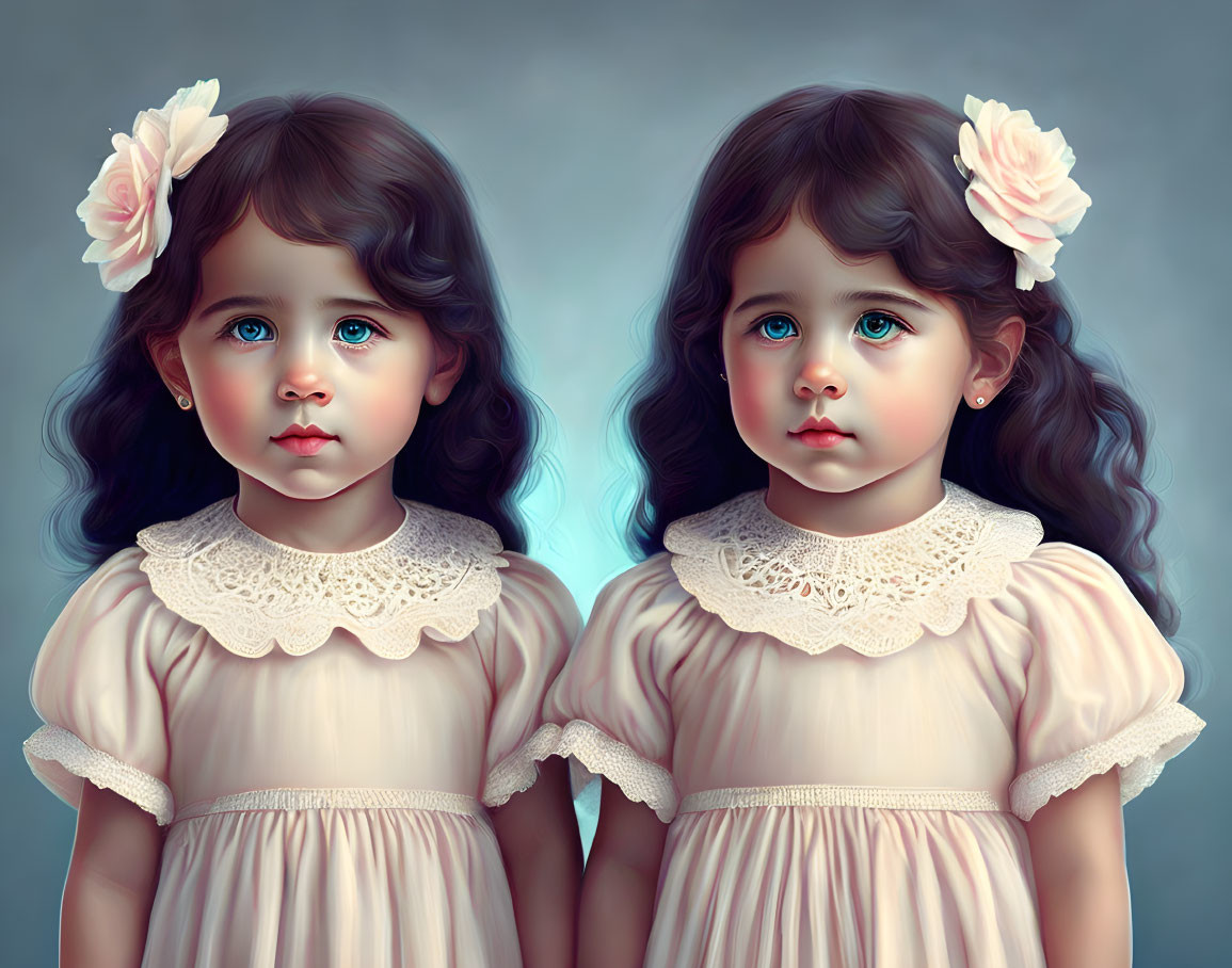 Twin girls with blue eyes and dark curly hair in matching peach dresses.