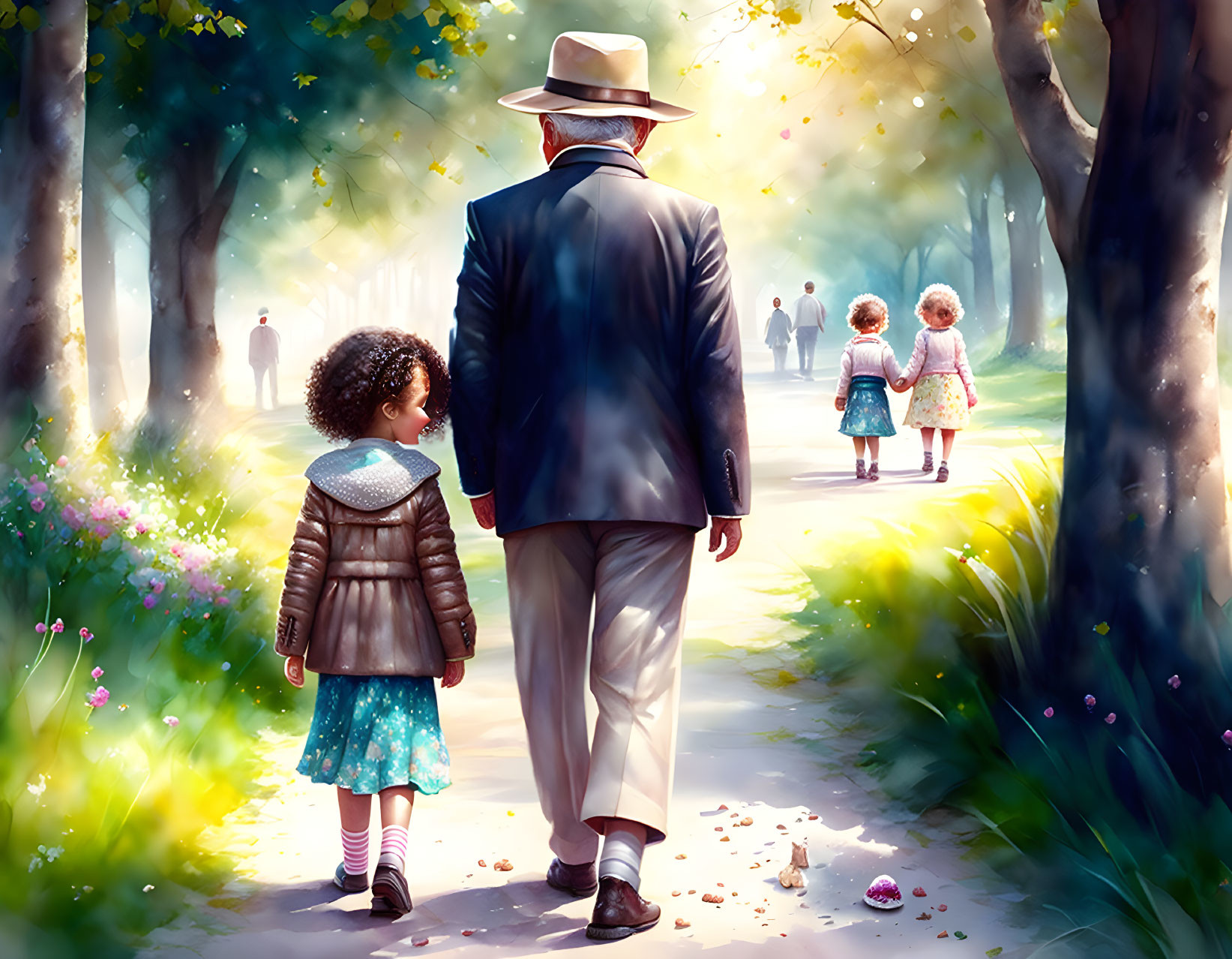 Elderly man and young girl walking in park hand-in-hand