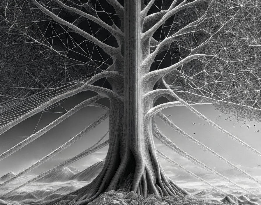 Monochromatic surreal tree art on textured landscape