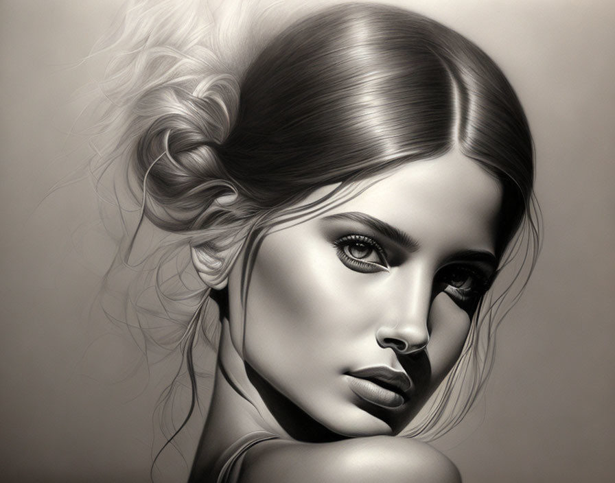 Monochromatic digital artwork of woman with detailed hair and expressive eyes