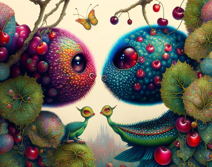 Vibrant creatures in whimsical artwork with lush foliage