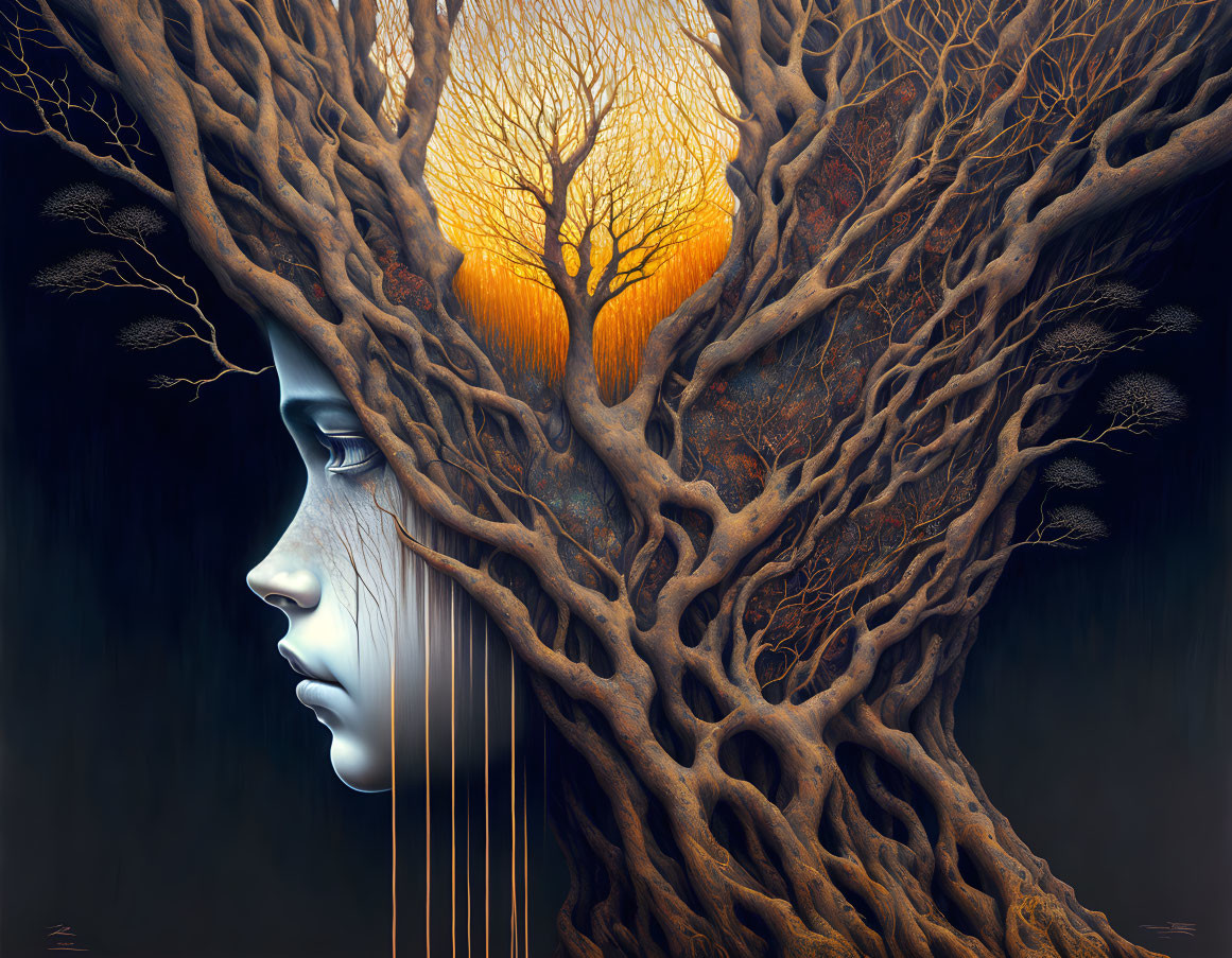 Surreal artwork: Woman's face merges with tree roots and branches