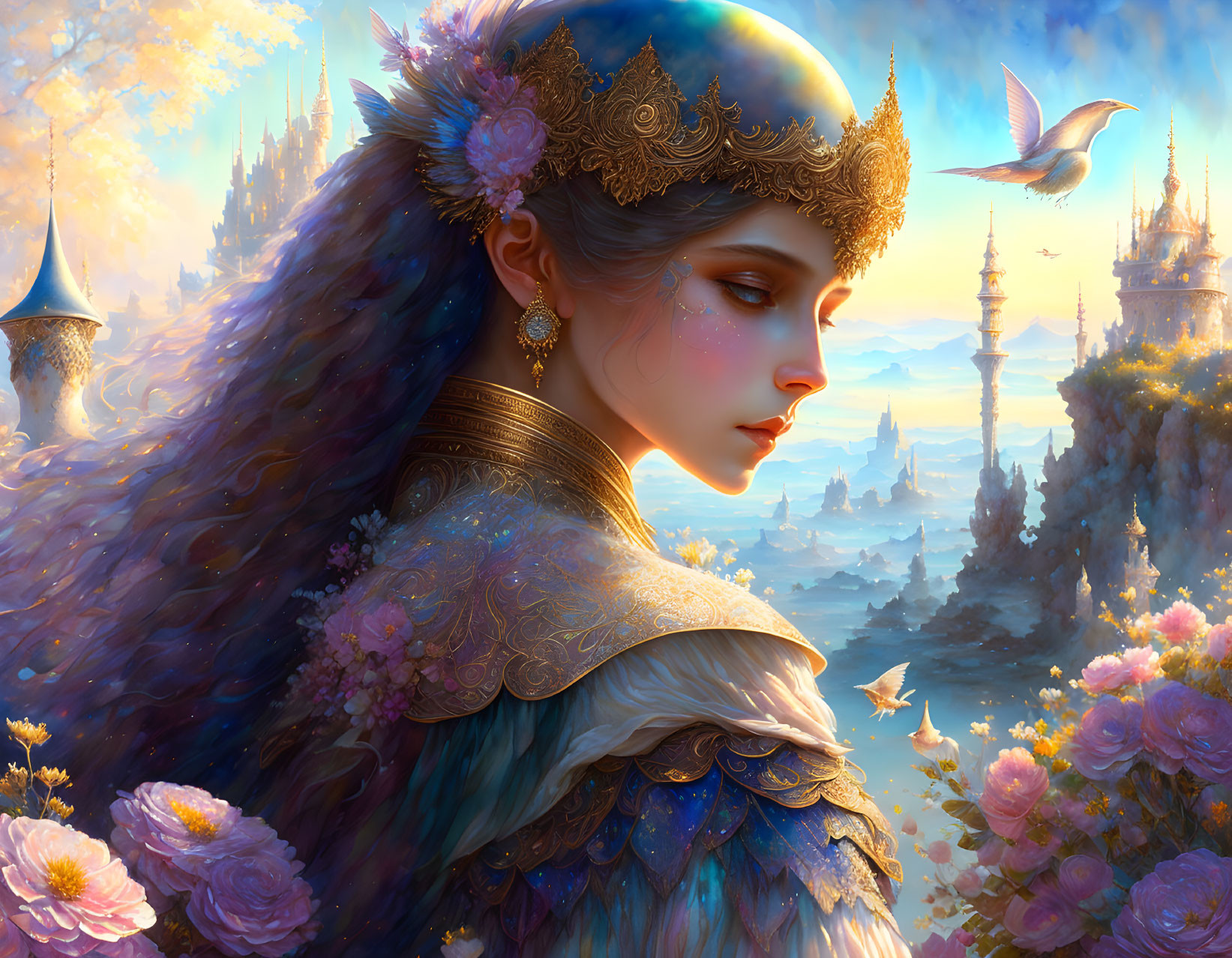 Regal woman in fantasy cityscape with bird & golden light