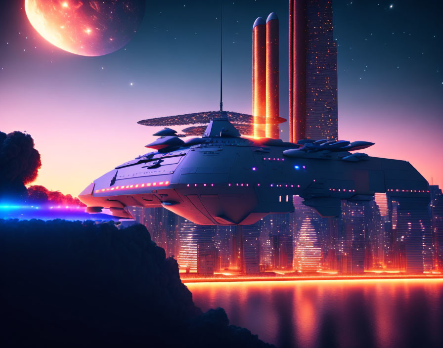 Futuristic spaceship hovering over neon-lit cityscape at twilight