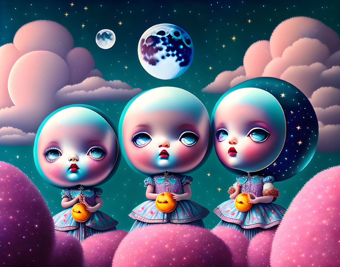 Stylized doll-like figures on pink cloudy surface under starry sky