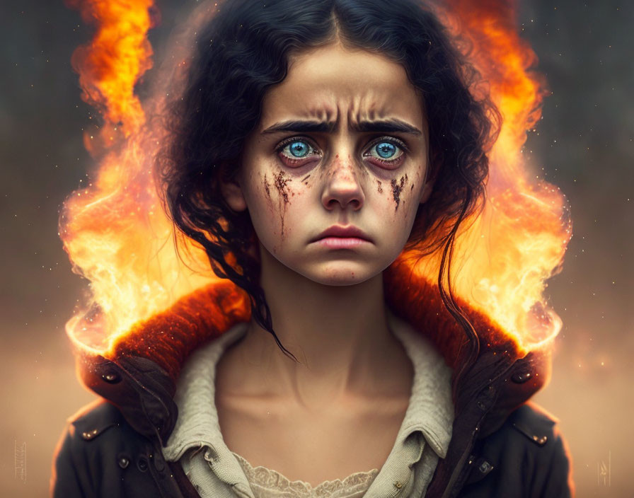 Young girl with blue eyes and teardrop freckles surrounded by flames