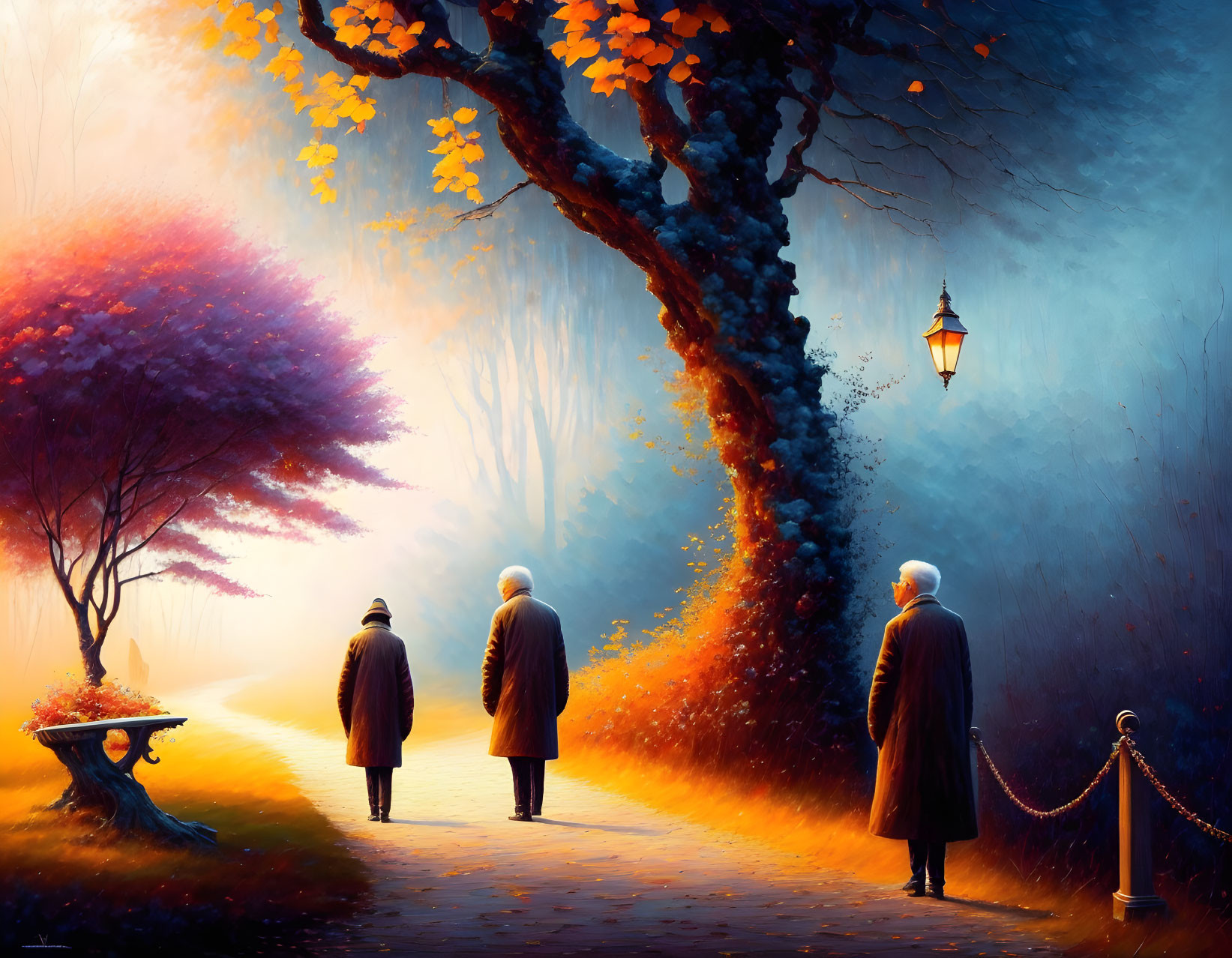 Digital painting: Three individuals on autumn path with colorful trees