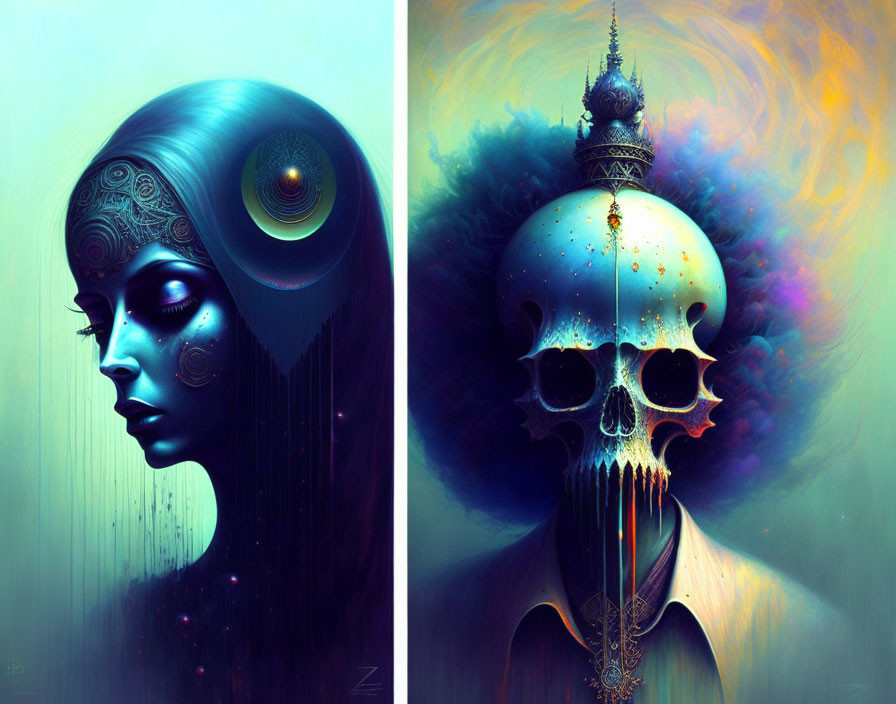 Split composition: serene female portrait and decorative skull in surreal digital artwork