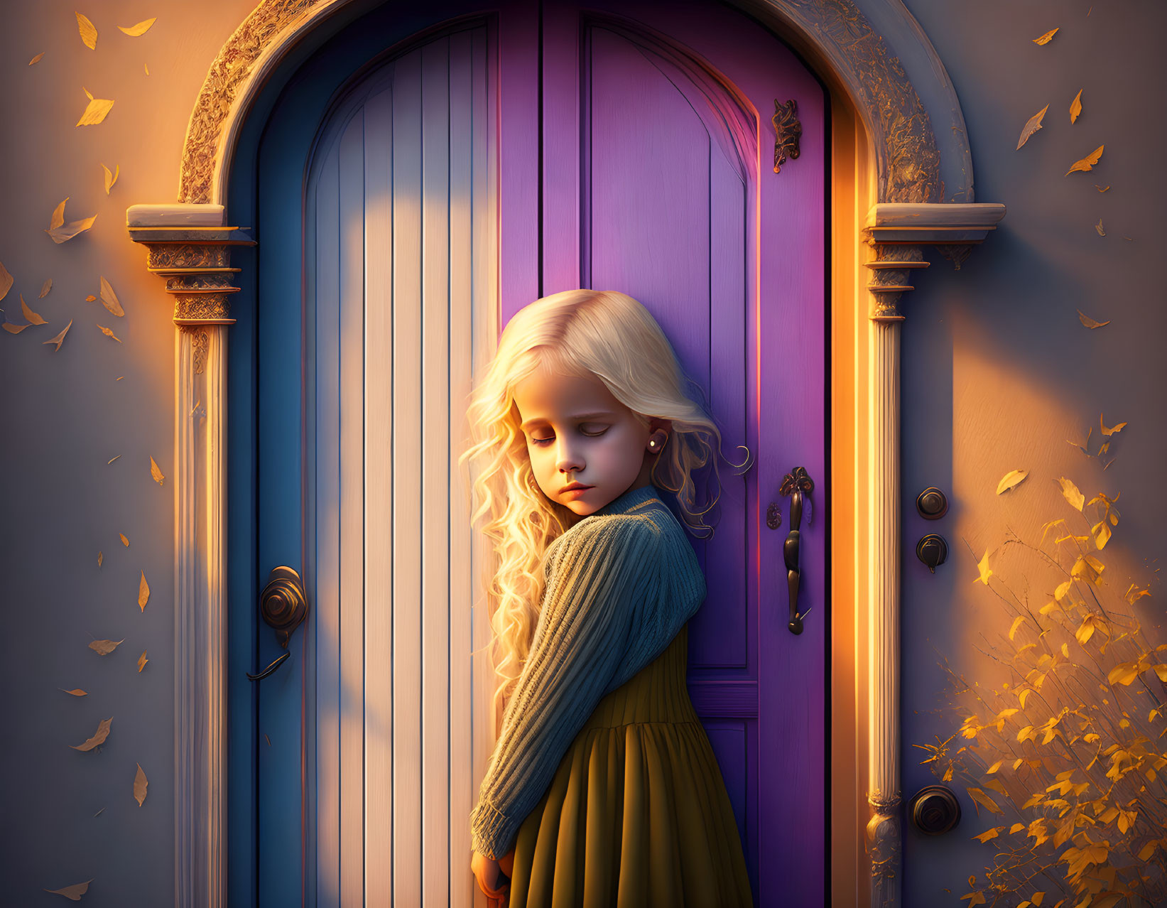 Blonde girl with closed eyes by violet door in warm light