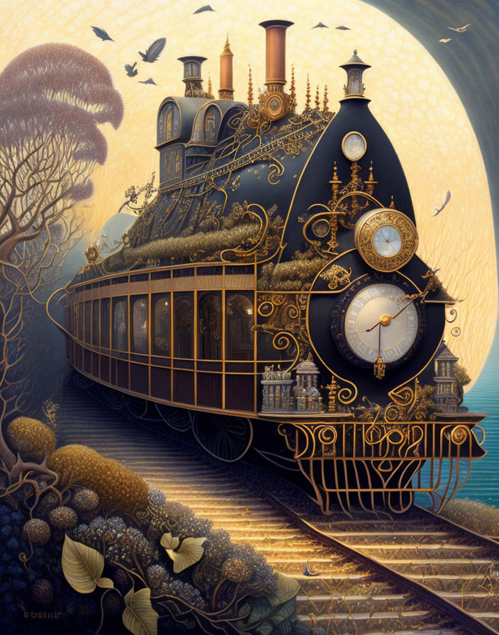 Surreal steampunk-style clockwork train in moonlit fantasy landscape