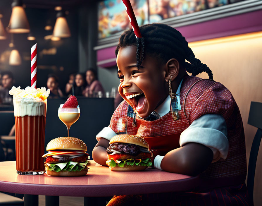 Young girl with braided hair admires table full of fast food items