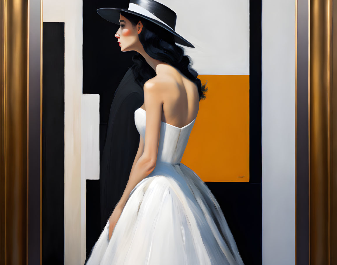 Profile view of elegant woman in white dress and wide-brimmed hat beside geometric panels.