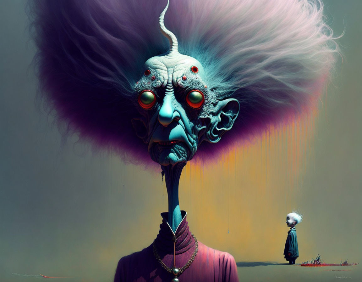 Surreal artwork: Giant alien creature, red eyes, small human figure, gloomy sky