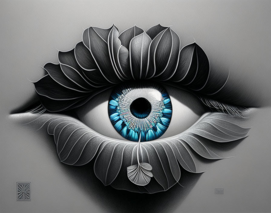 Detailed black and white eye drawing with surrounding petals and blue iris