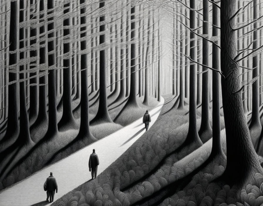 Monochromatic artwork of three people walking in a stylized forest