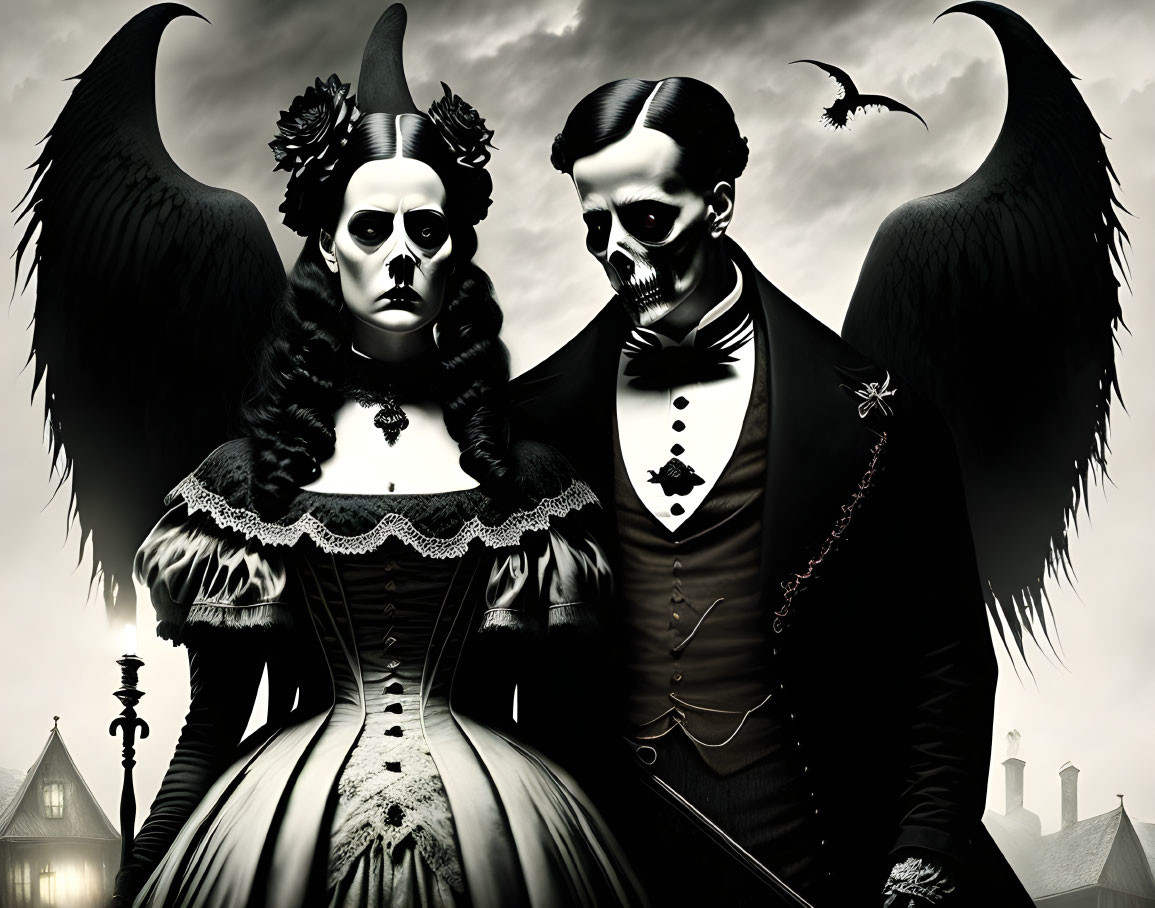 Gothic Art: Skull-faced couple in Victorian attire with black wings on dark sky.